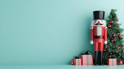 Festive nutcracker, standing guard by the Christmas tree, 3D illustration