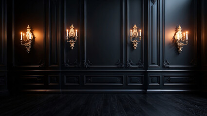 This dark, elegant background features black paneled walls with vintage candle holders casting a soft glow, creating a luxurious and moody interior atmosphere.