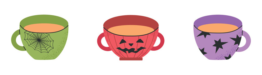 Halloween set collection with cups coffee, hot chocolate, tea, pumpkin latte isolated on white