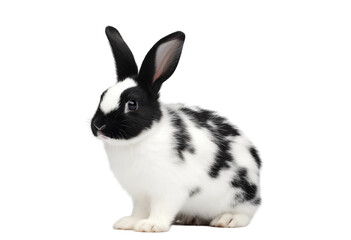 Obraz premium Adorable Black And White Bunny With Upright Ears Sitting On White Background