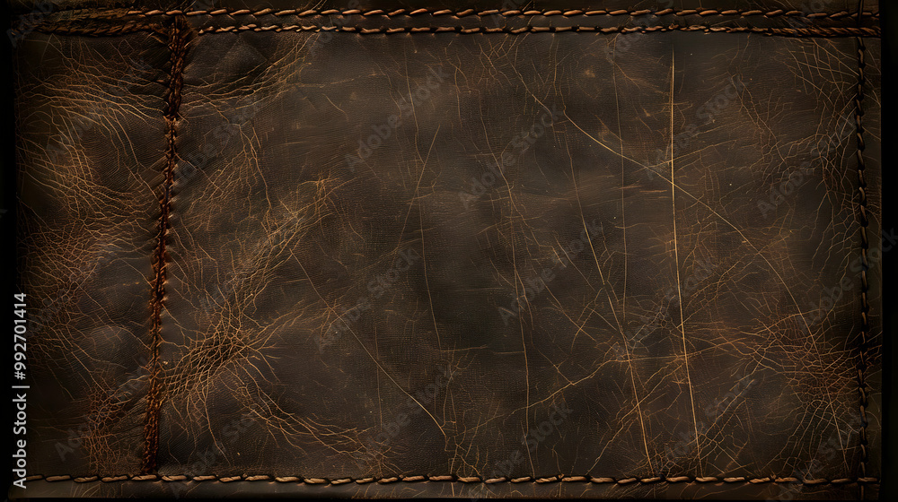 Poster a close-up view of distressed brown leather with stitching around the edges, creating a rustic and t