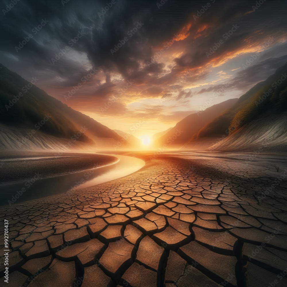 Wall mural a cracked earth riverbed under a dramatic sky with the sunrise sun setting in the distance, blending