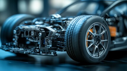 Fototapeta premium A detailed close-up of a sleek car chassis, highlighting its intricate design, tires, and components, showcasing automotive engineering.