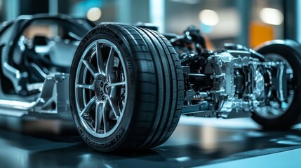 Fototapeta premium A detailed view of a car's chassis, showcasing its wheel and intricate mechanical components in a modern display setting.