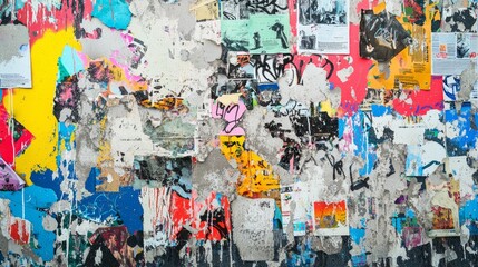 Fototapeta premium Urban graffiti wall with layered street art, featuring old posters torn away