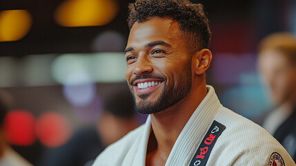 A joyful man in a martial arts uniform, showcasing confidence and determination in a vibrant training environment.