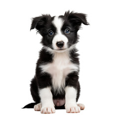 Fototapeta premium Cute Black And White Puppy With Blue Eyes Sitting On A White Background