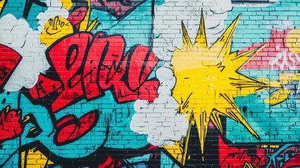 Vintage comic-style graffiti wall, street art with retro comic book panels