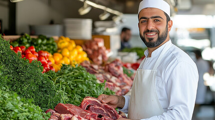 A proud butcher stands at his vibrant market stall, surrounded by fresh meat and colorful produce, showcasing culinary craftsmanship.