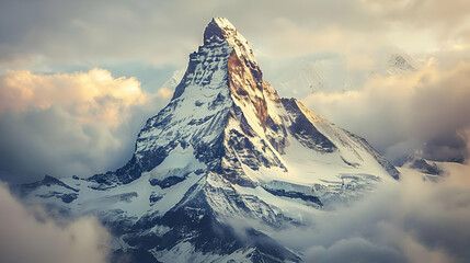 A Majestic Snow-Covered Mountain Peak Rising Above the Clouds, Captured in a Golden Hour Light, Creating a Dramatic and Breathtaking Landscape
