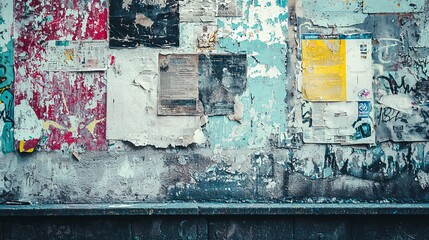 Vintage-style graffiti wall with faded colors, peeling layers of old posters