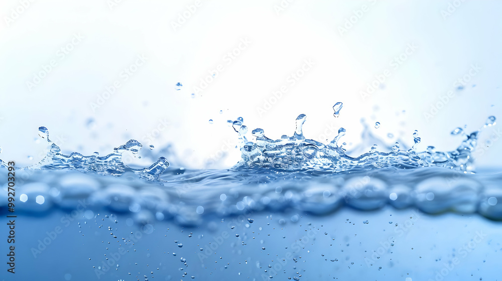 Poster a water drop splashing in blue water, creating a crown-like pattern against a white background