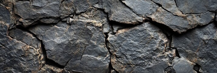 Obraz premium A textured surface of dark, irregularly shaped rocks, exhibiting cracks and crevices, typical of a weathered stone wall.