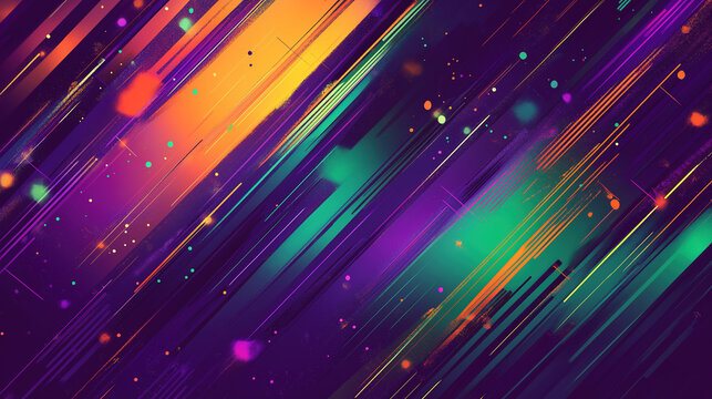 Dynamic composition of bold, intersecting diagonal lines combined with energetic color splashes in purple, green, and orange, symbolizing the vibrant, fast-paced