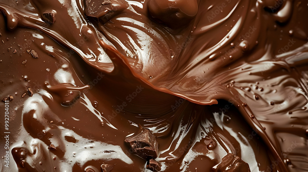 Poster close-up photography of chocolate swirling and splashing, creating a delicious and artistic pattern