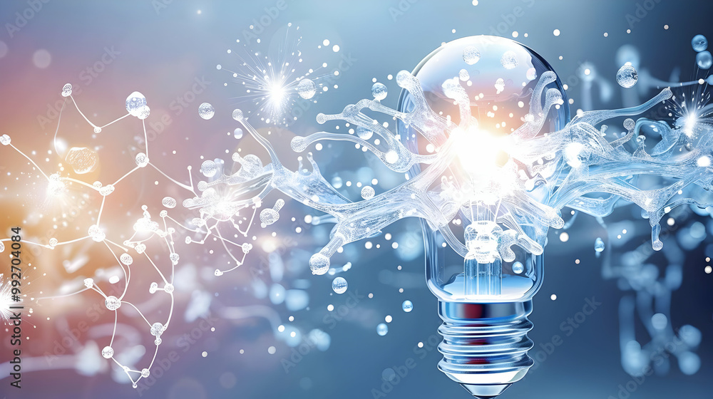 Poster 3d rendering of a lightbulb with abstract water-like structures emanating from it against a blue bac