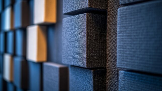 A textured wall featuring acoustic panels in varying shades of blue and beige, designed for sound absorption and aesthetic appeal.