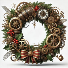 Red and green steampunk Christmas wreath with balls, pine cones, branches, white ribbon and holly flowers and coquina on isolated background, 3D