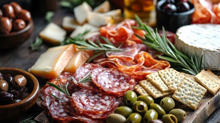A rustic charcuterie board with a selection of cured meats, cheeses, olives, and crackers, perfect for entertaining guests