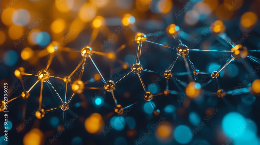 Poster a close-up view of interconnected molecular structures with glowing orbs and a vibrant, colorful bac
