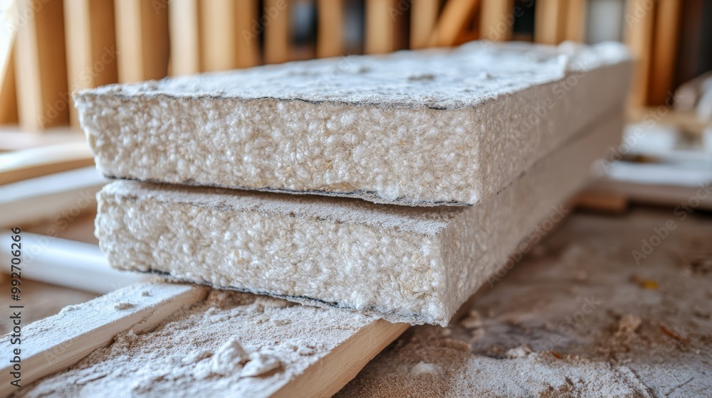 Poster a close-up view of two concrete blocks, featuring a textured surface, resting on wooden beams in a c