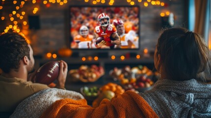 A Thanksgiving Day football game on TV in a living room, with a cozy setup of snacks, blankets, and family members watching and cheering 