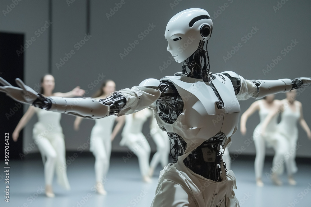 Poster robot is dancing with a group of people. the robot is white and has a human-like appearance. the peo