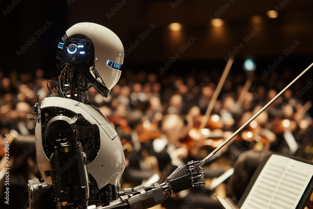 Poster robot is standing in front of a crowd of people and holding a stick. the robot is smiling and he is 