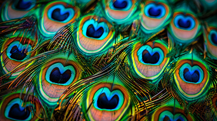 Close-up View of Vivid Peacock Feathers Displaying Iridescent Colors and Complex Patterns
