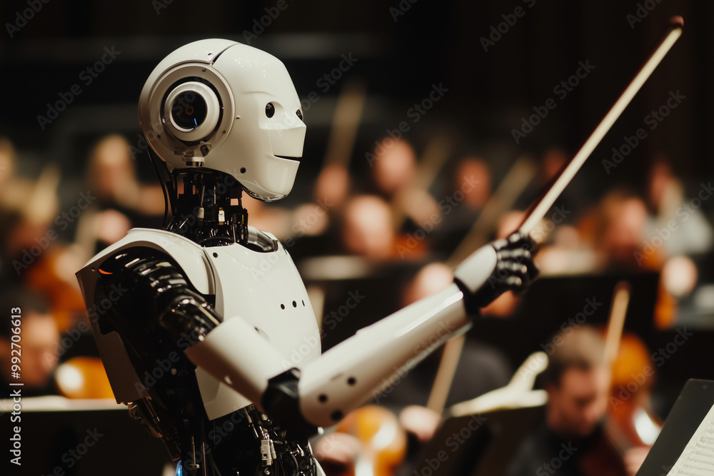 Poster robot is standing in front of a crowd of people and holding a stick. the robot is smiling and he is 
