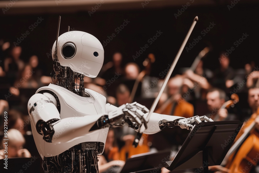 Poster robot is standing in front of a crowd of people and holding a stick. the robot is smiling and he is 