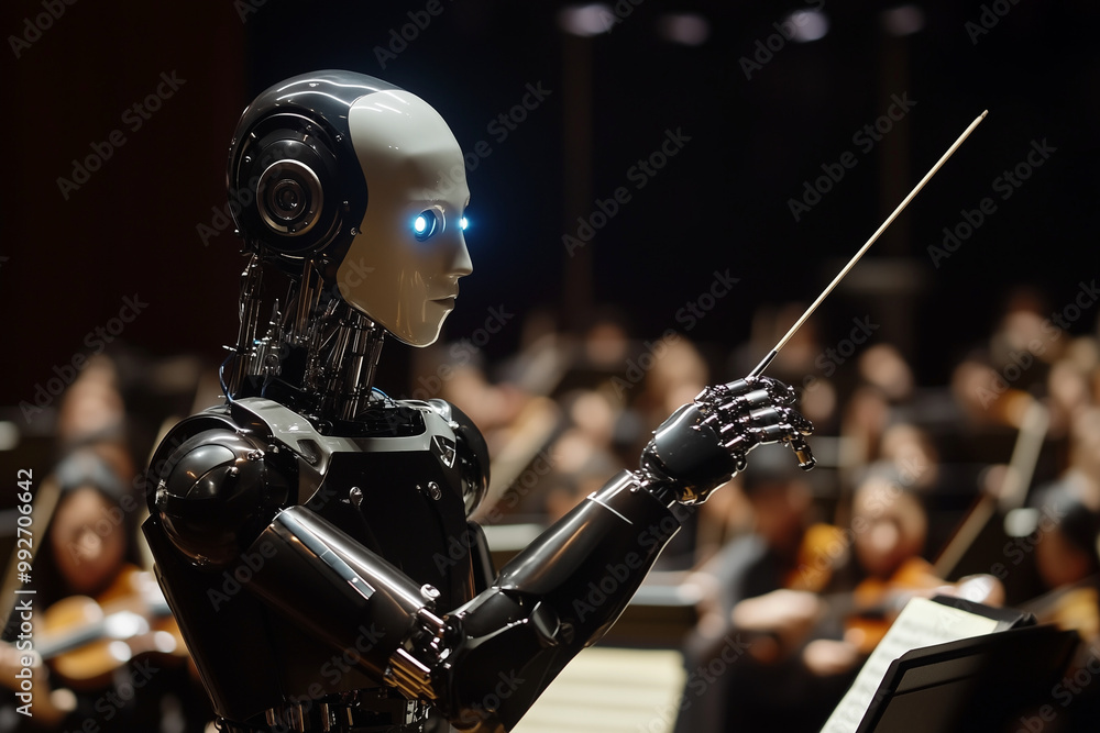 Poster robot is standing in front of a crowd of people and holding a stick. the robot is smiling and he is 
