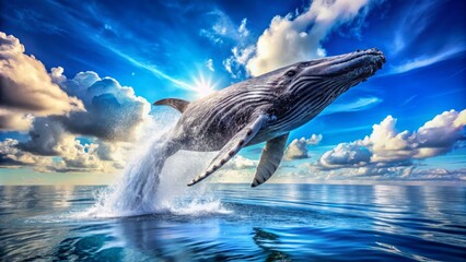 Under a radiant sunny sky, a magnificent rorqual whale breaches the clear blue waters, showcasing its power and