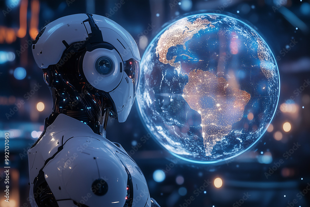 Aufkleber robot is standing next to a globe. the robot is white and has blue eyes. the scene is set in a room 