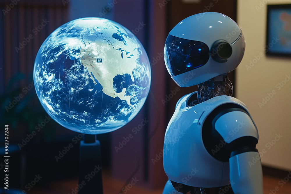 Poster robot is standing next to a globe. the robot is white and has blue eyes. the scene is set in a room 
