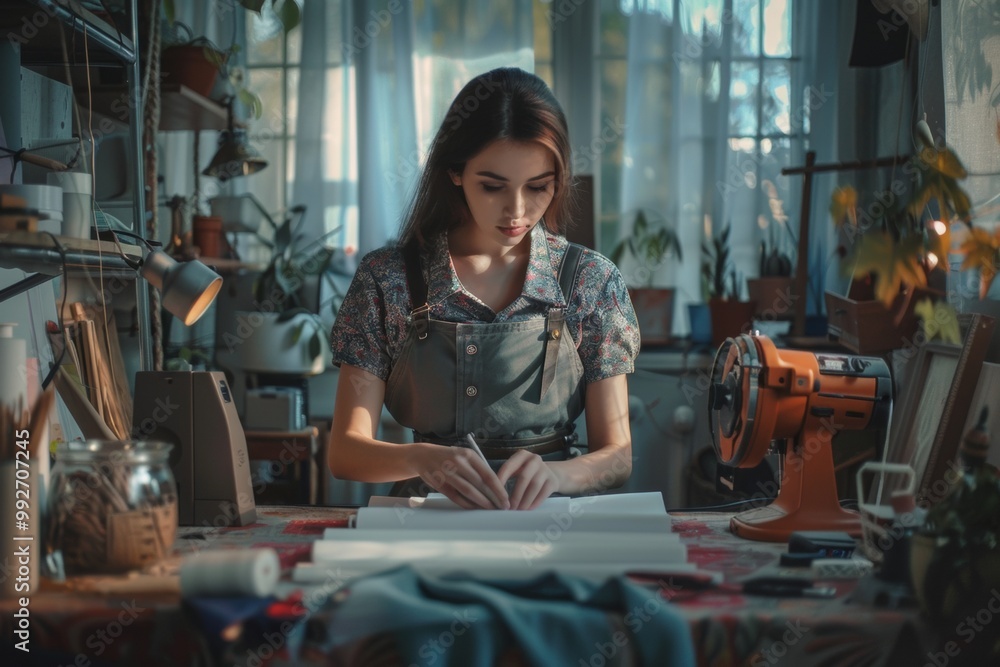 Wall mural Concept of designer clothes. Woman seamstress working in studio