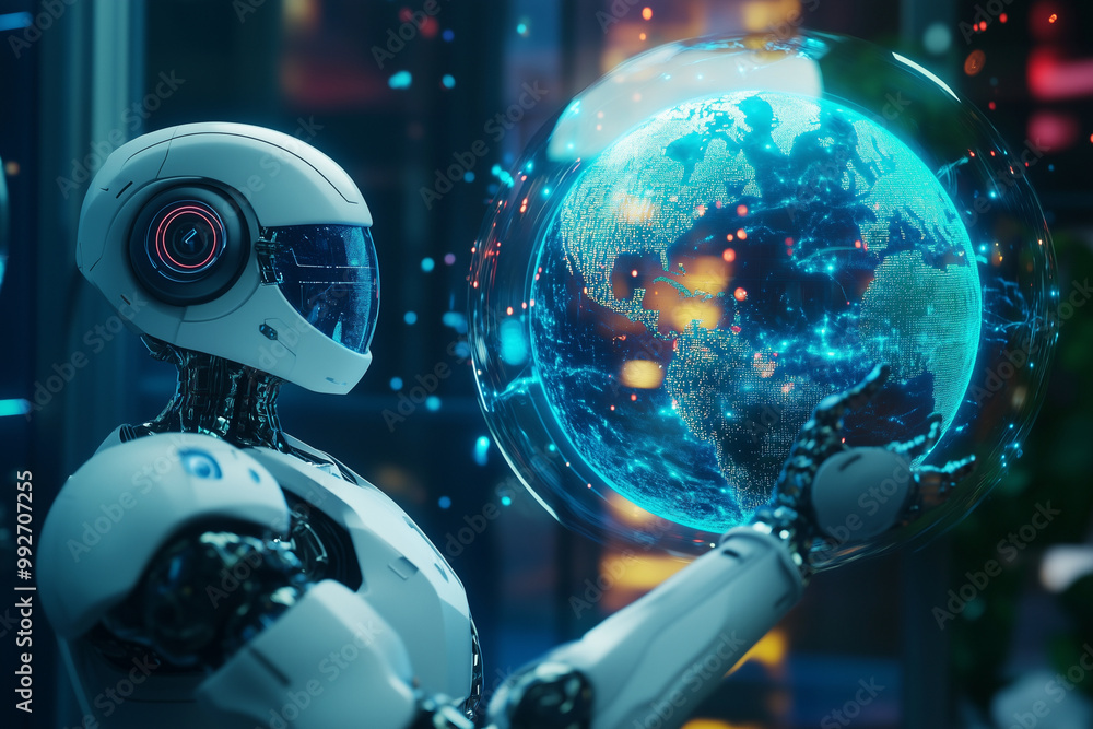 Aufkleber robot is standing next to a globe. the robot is white and has blue eyes. the scene is set in a room 