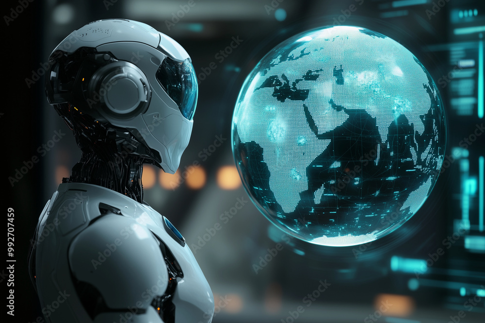 Poster robot is holding a globe in its hand. the robot is made of metal and has a metallic appearance. the 