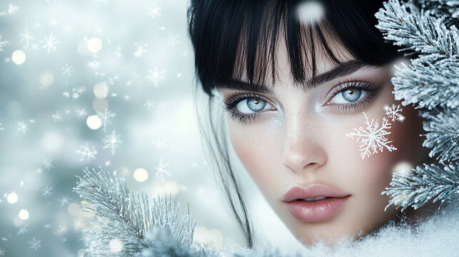 Beautiful young black haired woman with snowflakes and stars on her face. Beauty parlor christmas or winter banner concept, copyspace.