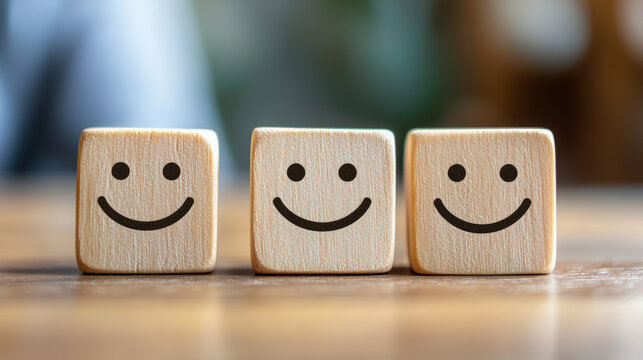 Happy wooden blocks with smiley faces represent customer satisfaction and positive feedback. These cheerful symbols evoke sense of joy and contentment in any setting