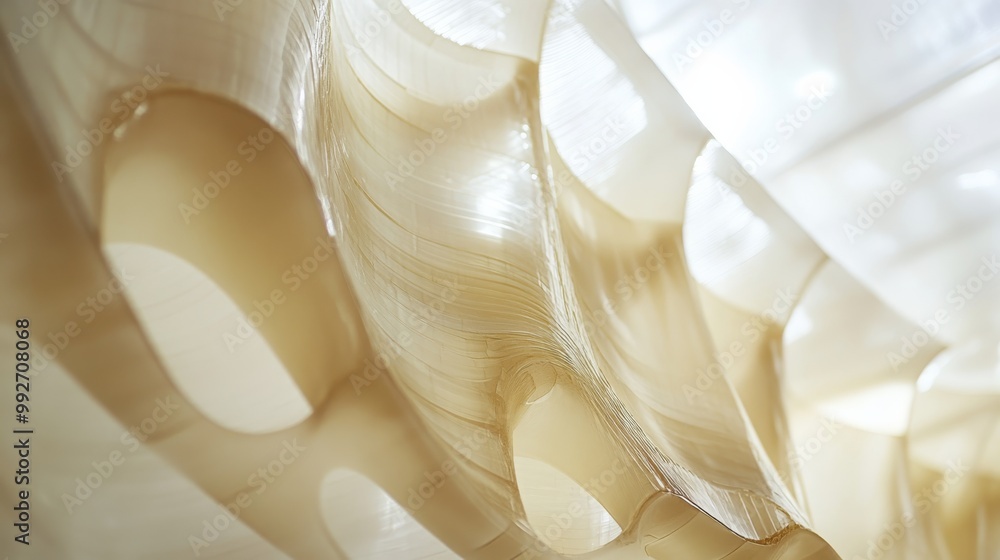Poster a close-up view of layered, translucent material showcasing organic patterns and soft colors, creati