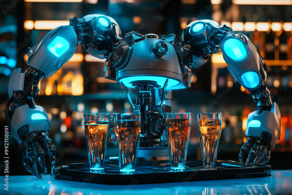Poster robot bartender is serving drinks at a bar. the robot is surrounded by several bottles and glasses, 