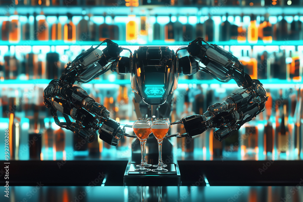 Poster robot bartender is serving drinks to customers at a bar. the robot is surrounded by several bottles 