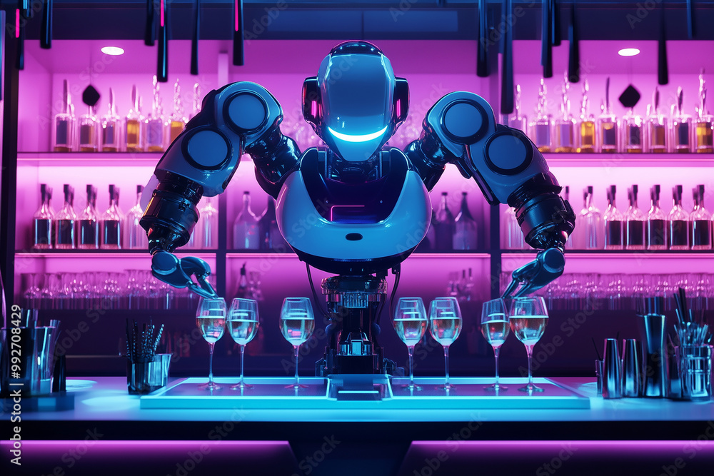 Poster robot bartender is serving drinks to customers at a bar. the robot is surrounded by several bottles 