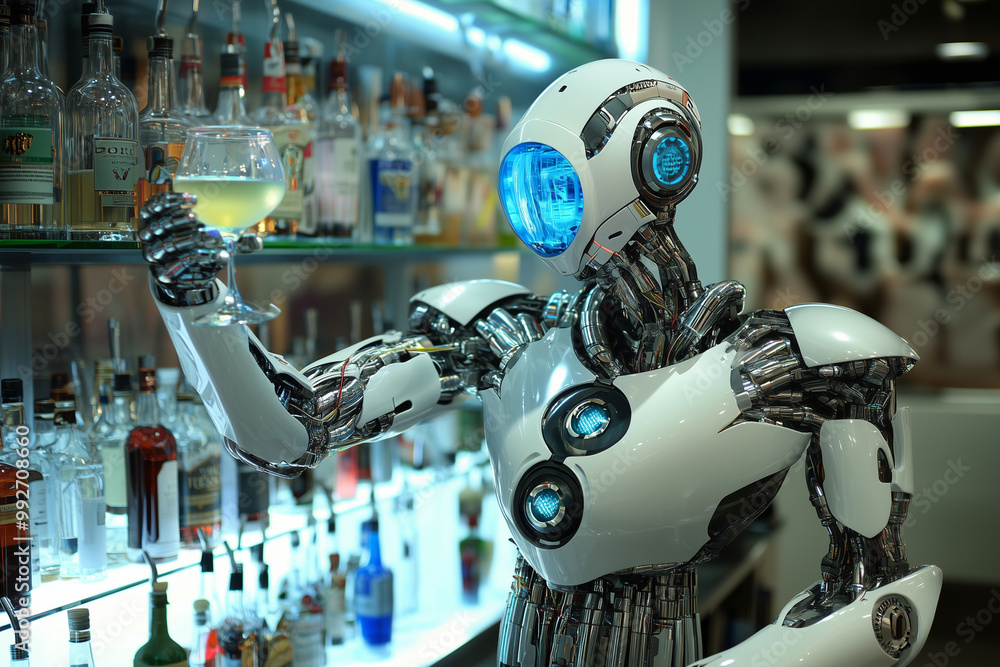 Poster robot bartender is serving drinks at a bar. the robot is surrounded by several bottles and glasses, 