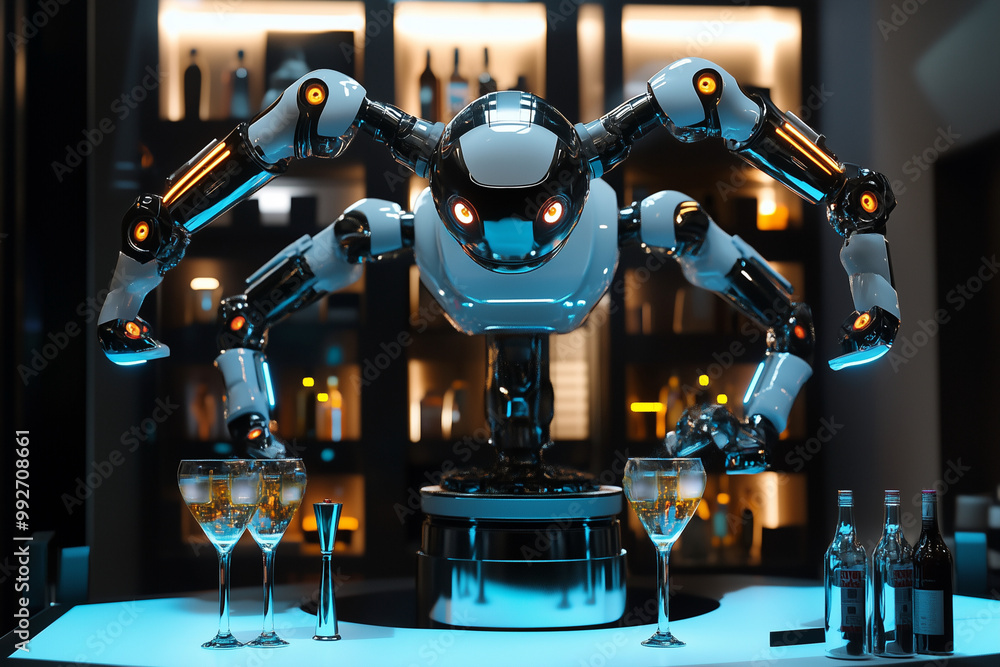Aufkleber robot is holding glasses of liquor on a bar. the robot is surrounded by bottles of liquor, and the g