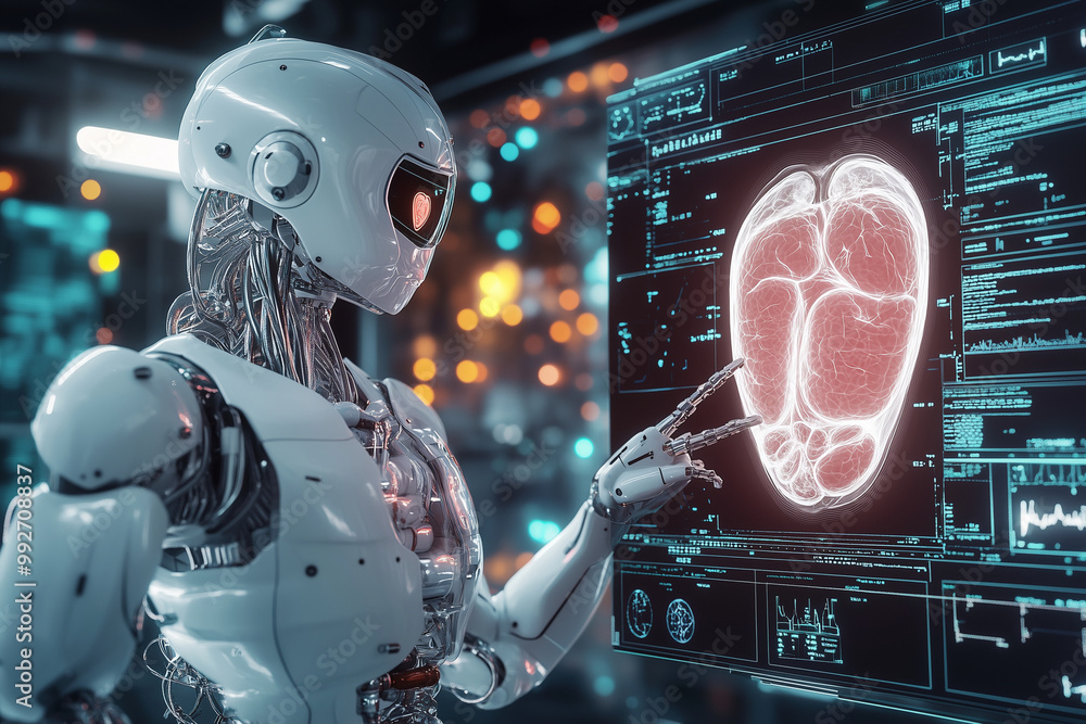 Aufkleber robot is sitting in front of a computer monitor with a brain scan on it. the robot is wearing a whit