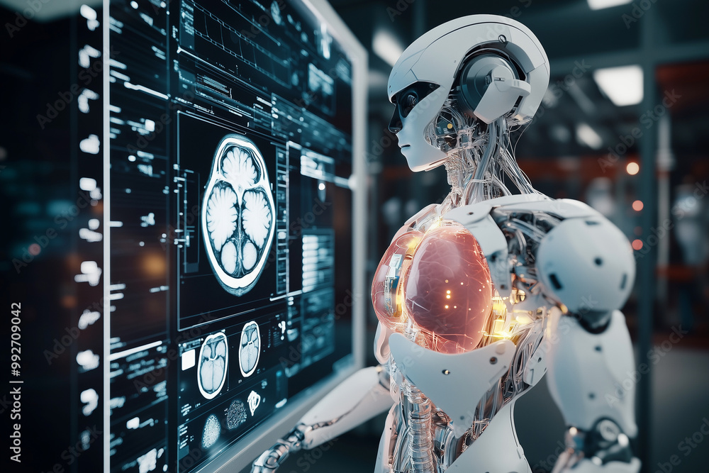 Poster robot is sitting in front of a computer monitor with a brain scan on it. the robot is wearing a whit