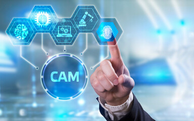 CAM Computer-aided manufacturing industrial technology automation concept.