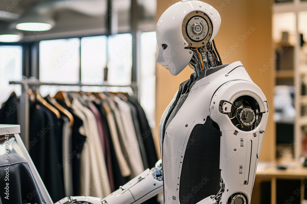 Poster robot is sitting in a store with clothes hanging around it.